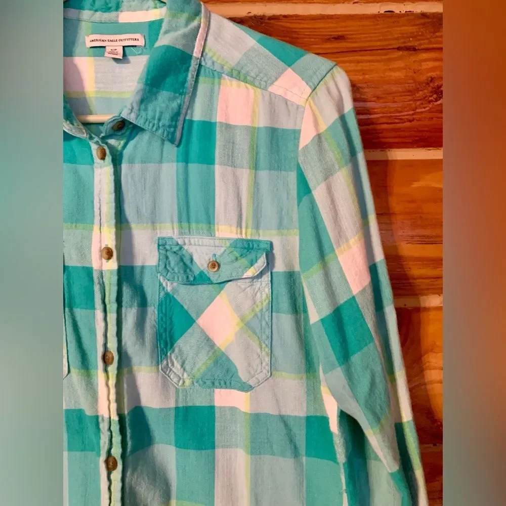 American Eagle Turquoise Blue Button Down Plaid Shirt Small - Picture 2 of 9